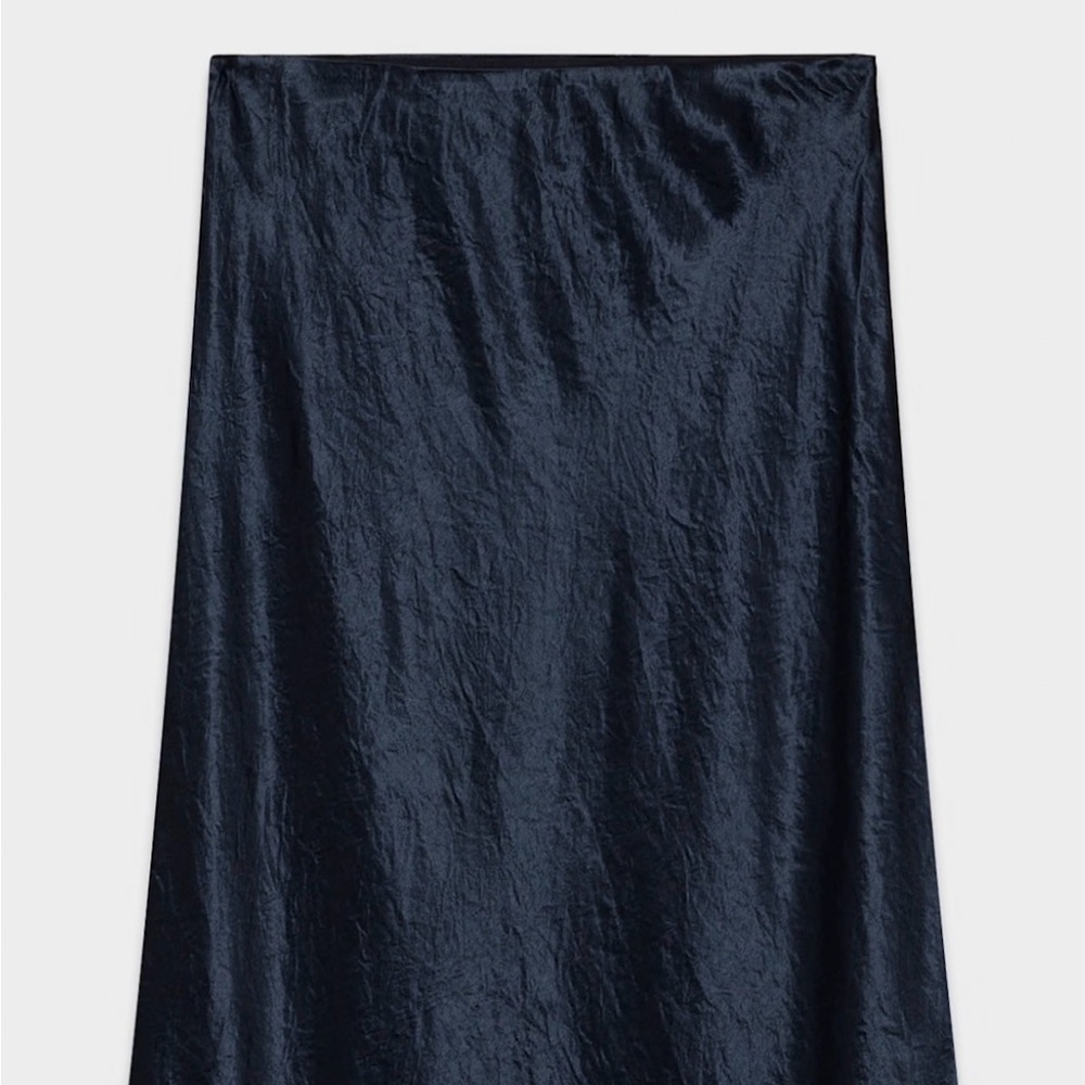 Aritzia Navy Crinkled Satin Midi Skirt